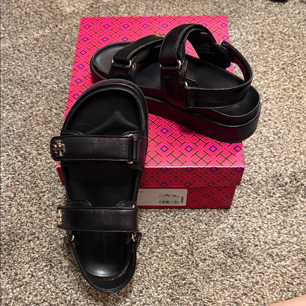 Tory Burch Black Sandals with Gold Buckles